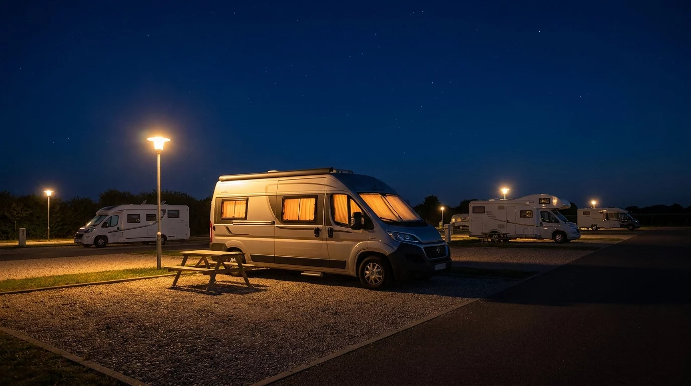Camping-car eclaire la nuit sur aire securisee