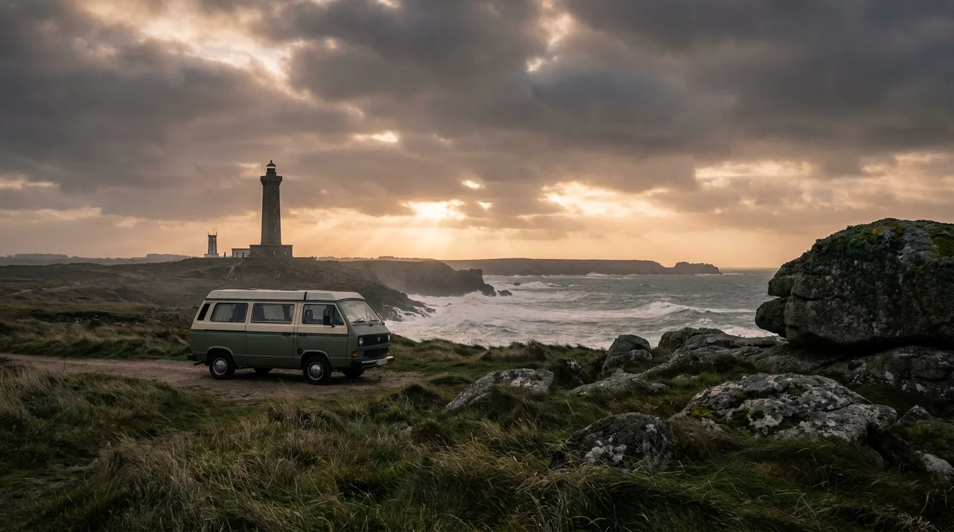Camping-car face a la cote bretonne et phare