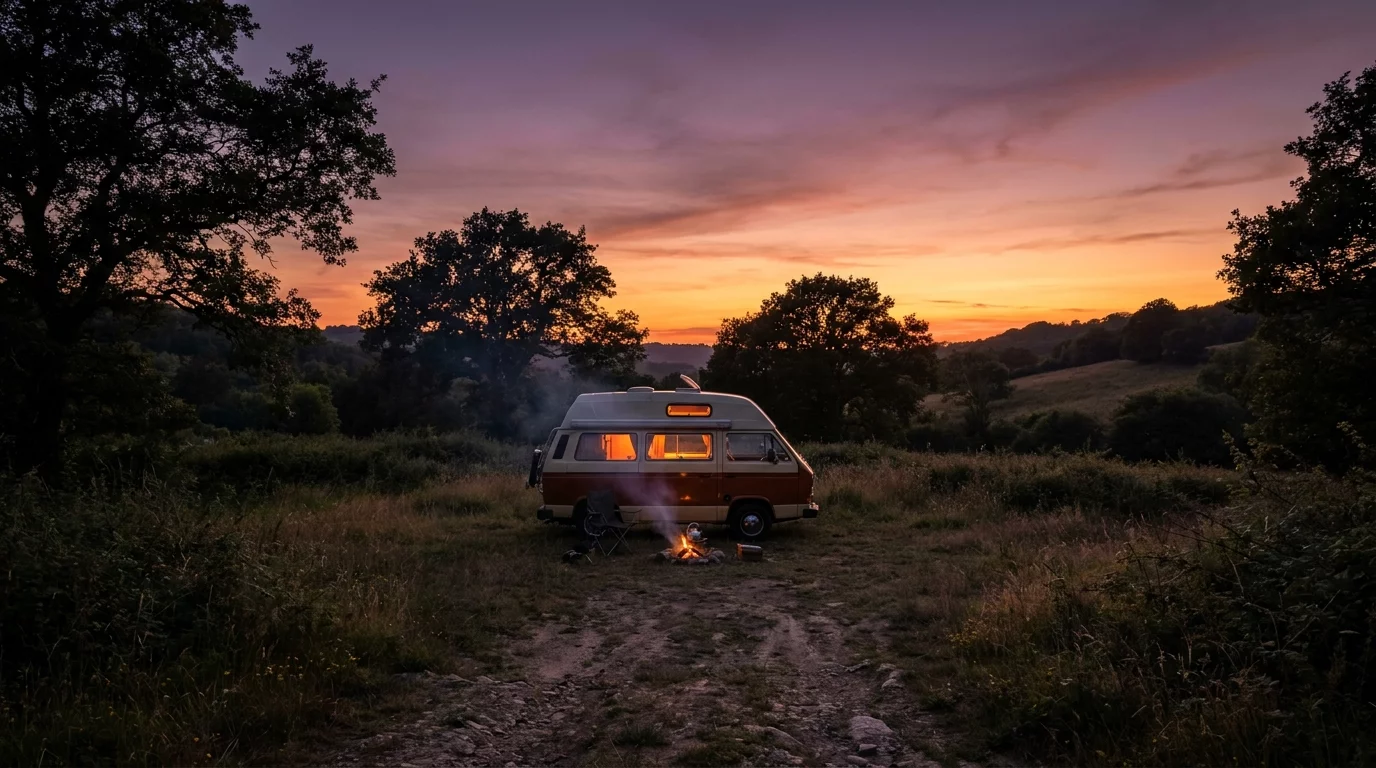 Camping-car isole dans un spot nature au crepuscule