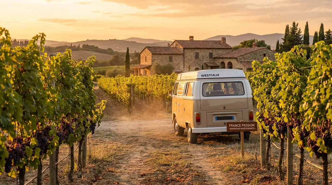 Camping-car stationne chez un vigneron France Passion