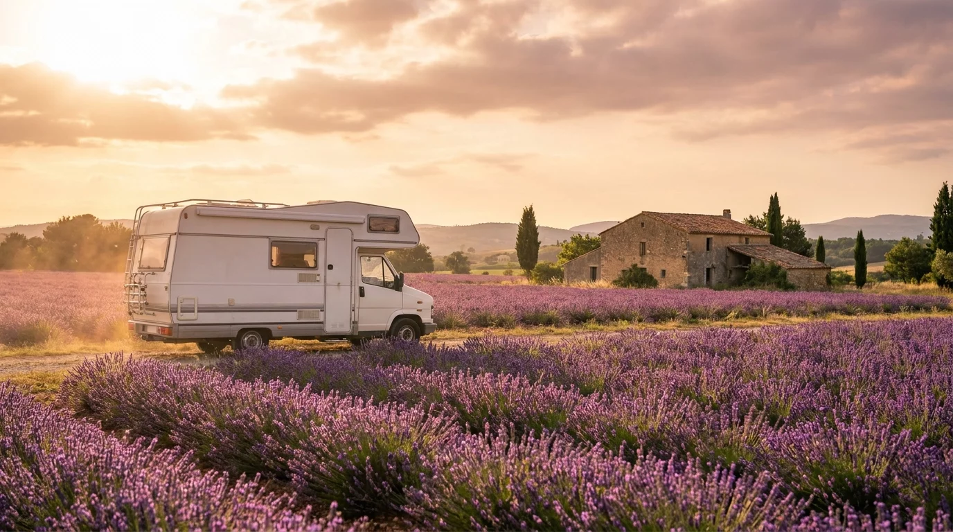 Camping-car devant un champ de lavande en Provence