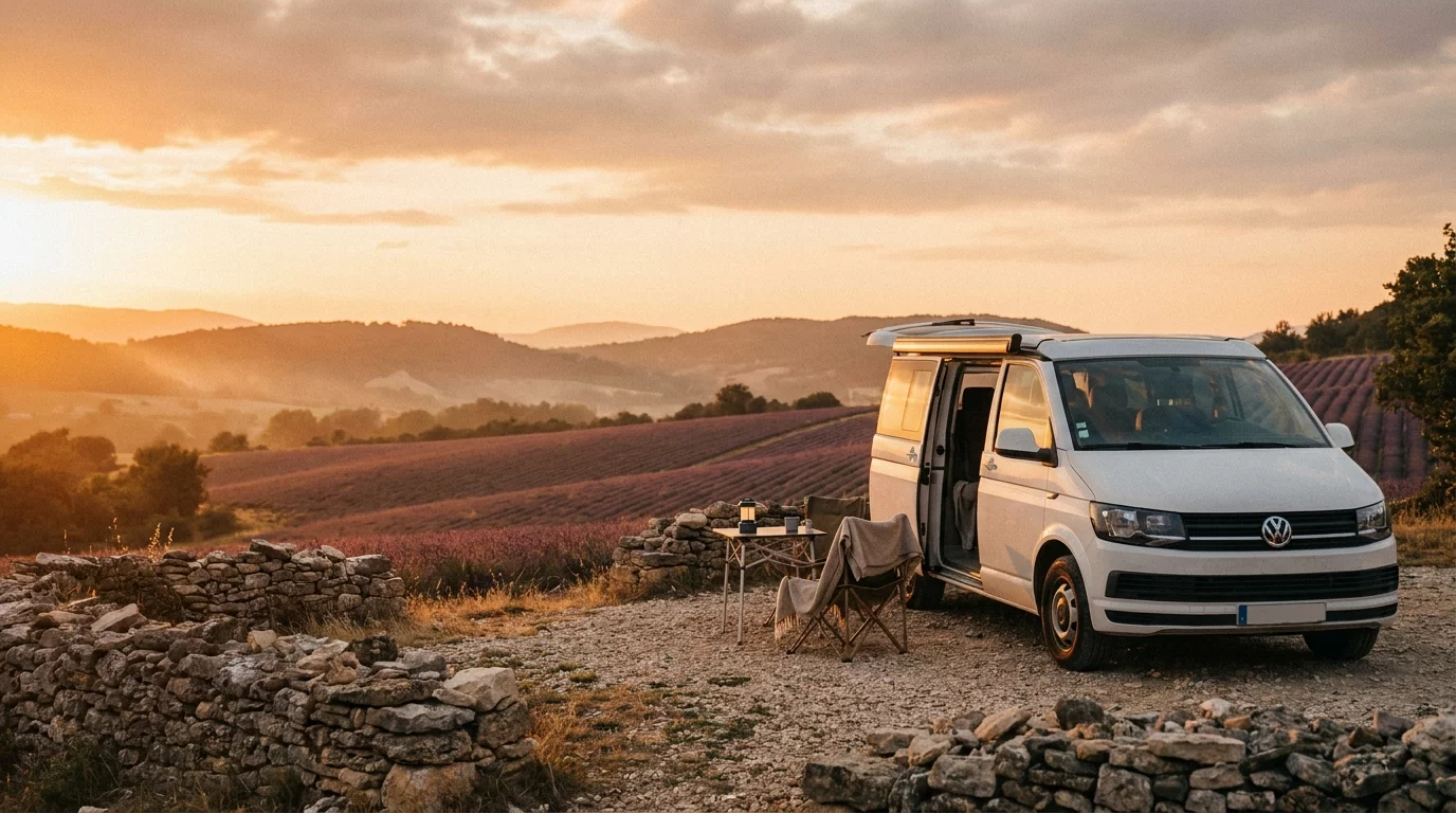 Camping-car stationne face a un paysage de Drome provencale au coucher du soleil