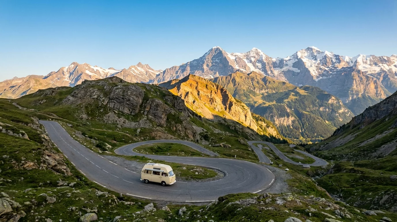 Camping-car sur route de col alpin avec sommets enneiges