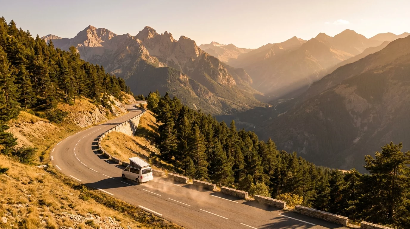 Camping-car sur une route de montagne avec vue panoramique
