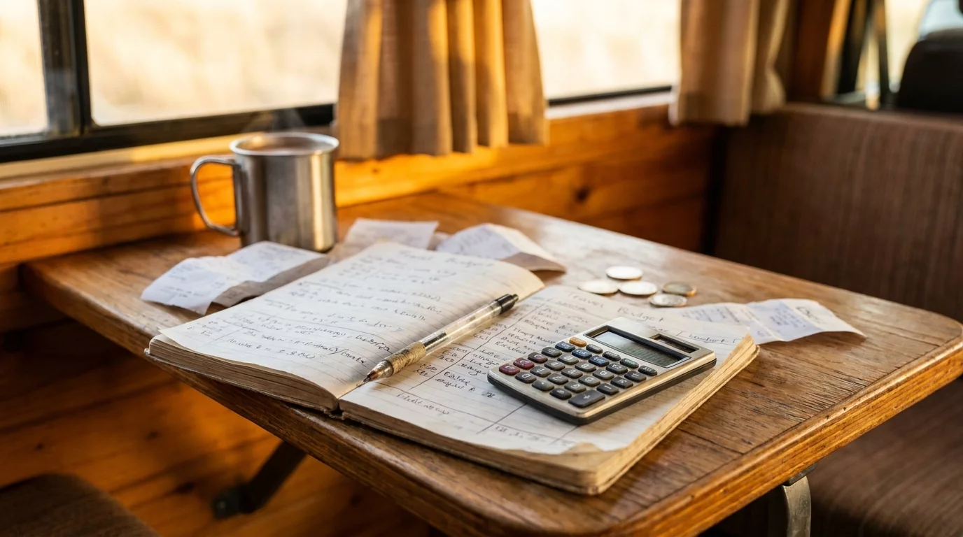 Carnet de comptes et calculatrice poses sur une table de camping-car