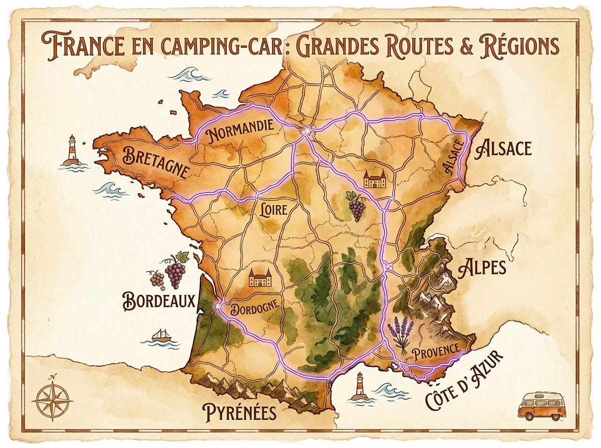 Carte de France illustrant les principales regions de road trip