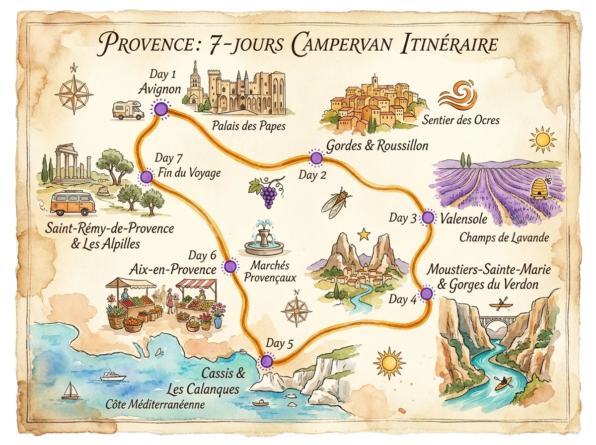 Carte itineraire camping-car Provence 7 jours