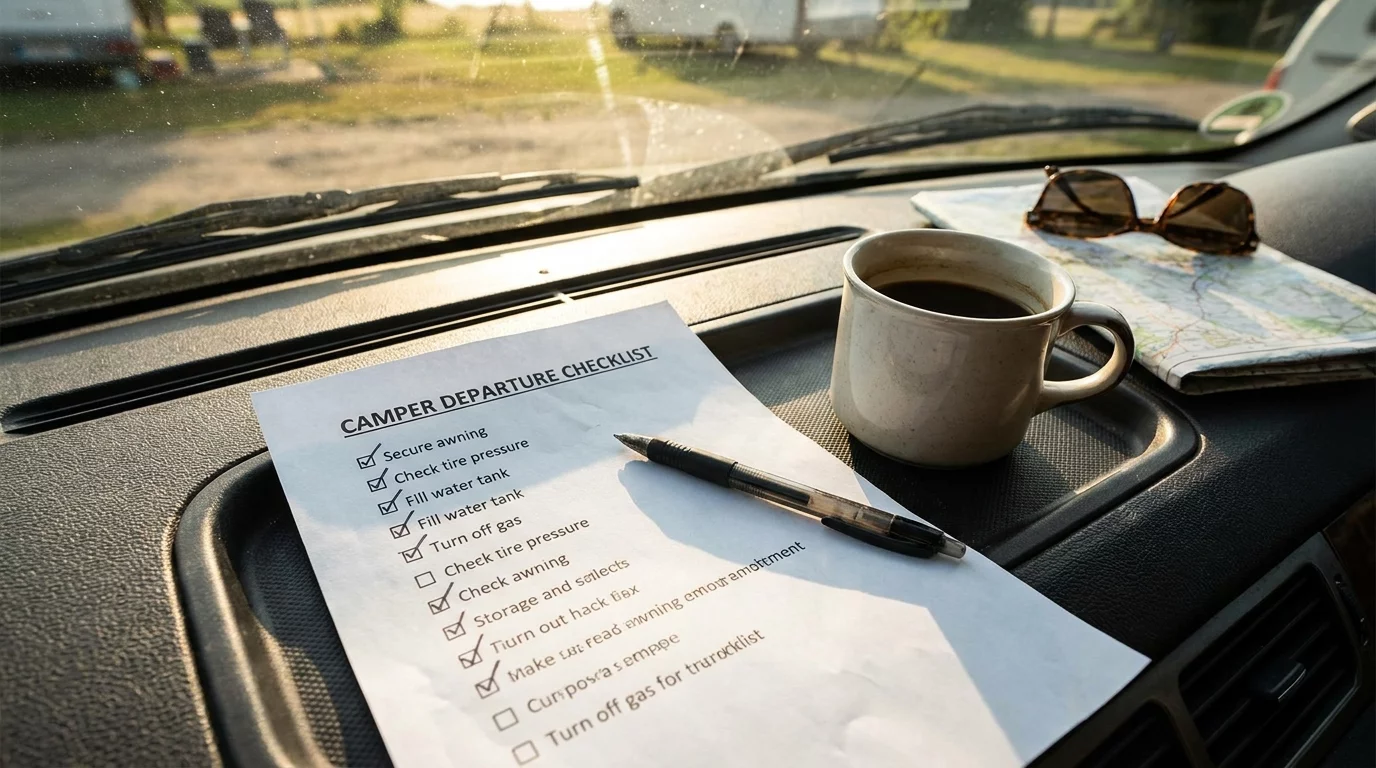 Checklist imprimee avec stylo posee sur tableau de bord camping-car
