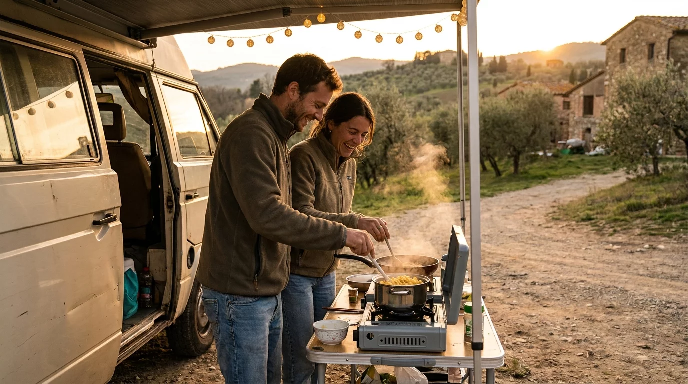 Couple cuisinant un repas simple devant leur camping-car