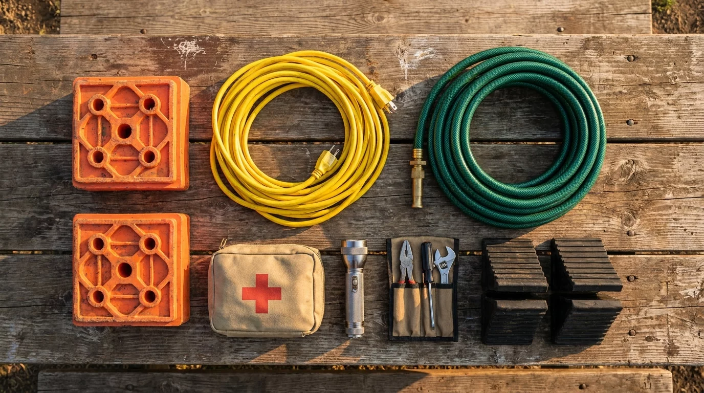 Equipements camping-car essentiels disposes sur une table