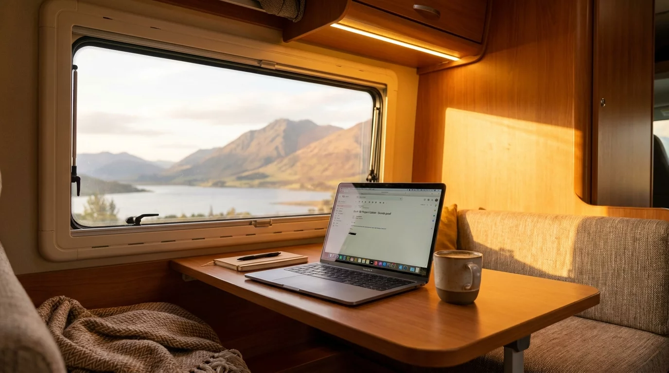 Ordinateur portable ouvert dans un camping-car avec vue exterieure
