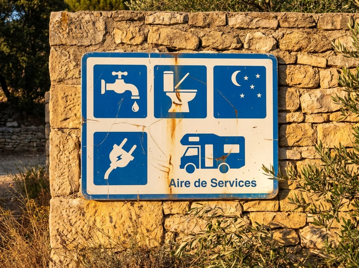 Panneau de signalisation aire de service camping-car avec symboles