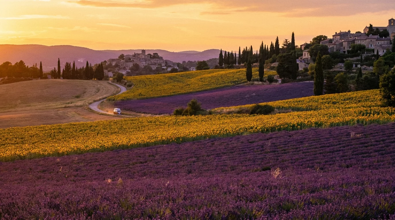 Paysage de Drome provencale avec camping-car au loin
