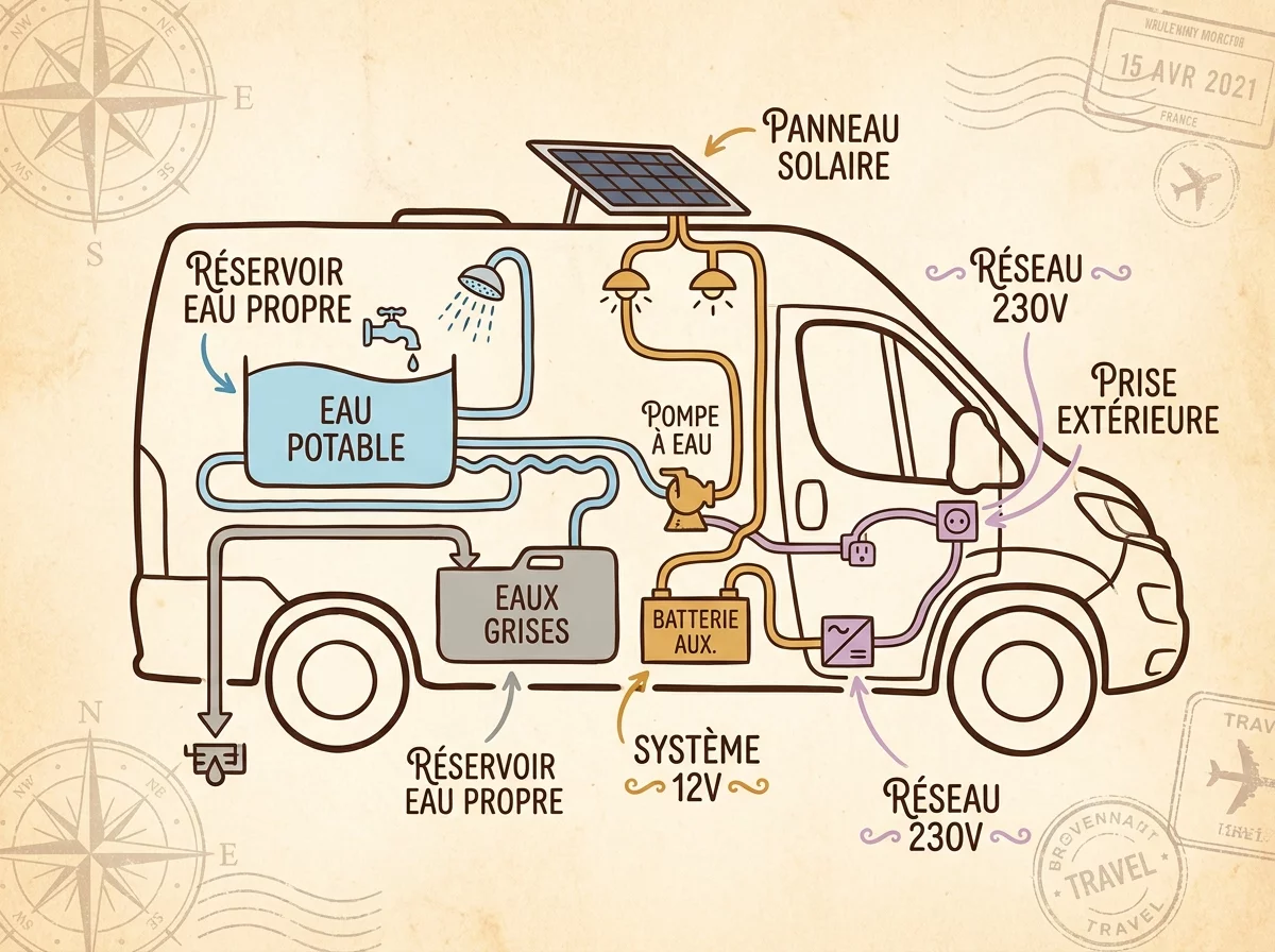Schema explicatif des circuits eau et electricite d'un camping-car