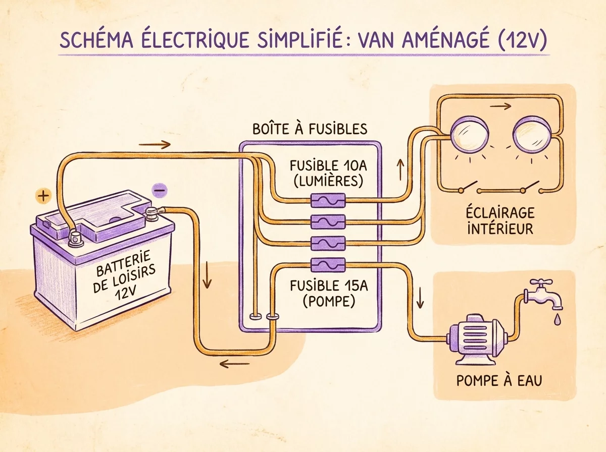 Schema circuit electrique 12V cellule camping-car simplifie