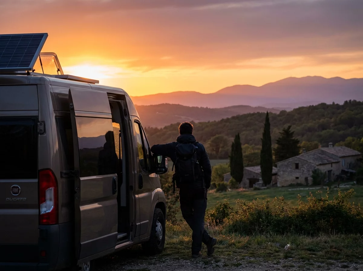 Portrait de Thierry Marchetti devant son camping-car Fiat Ducato