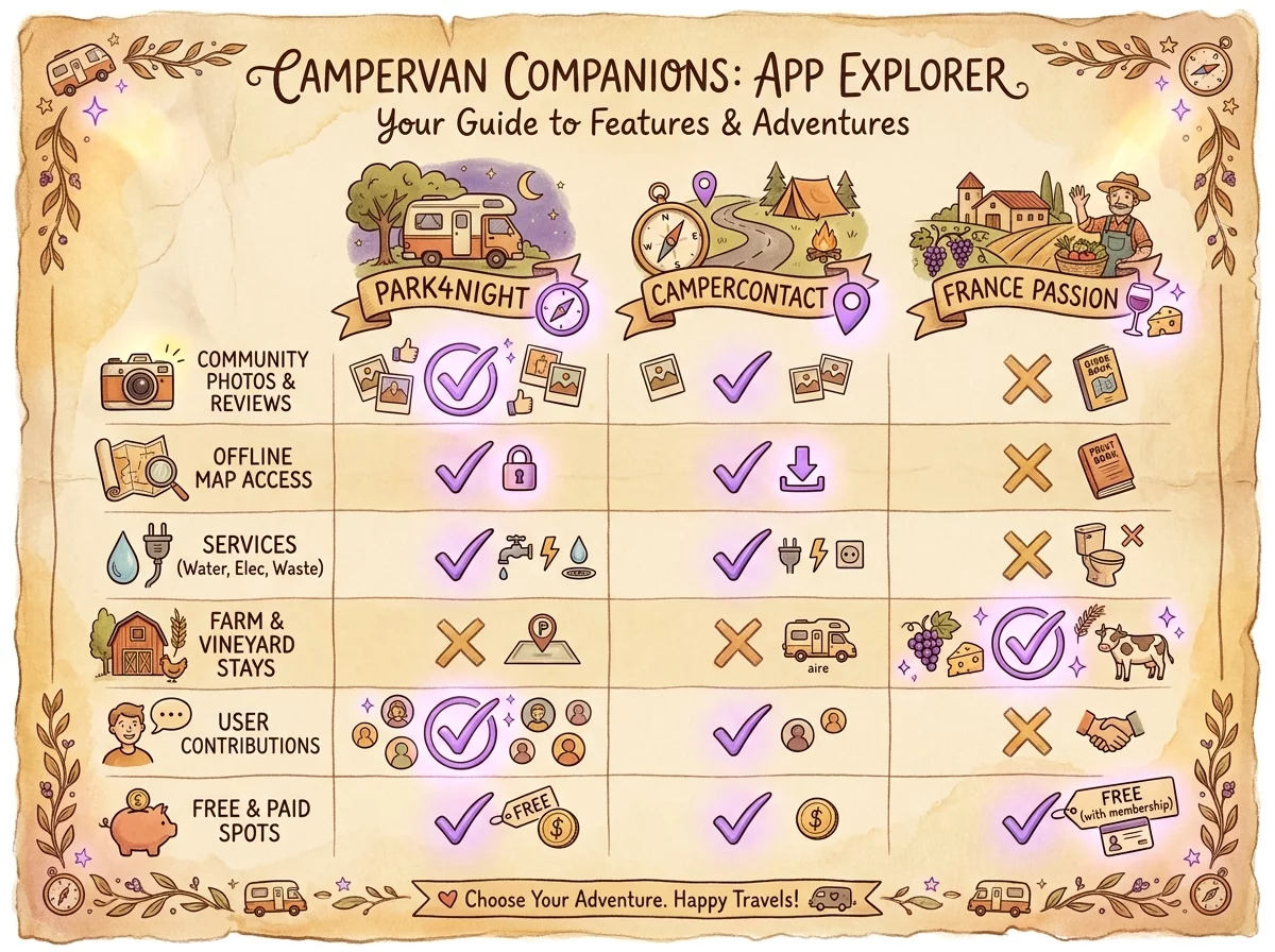 Tableau comparatif fonctionnalites applications camping-car