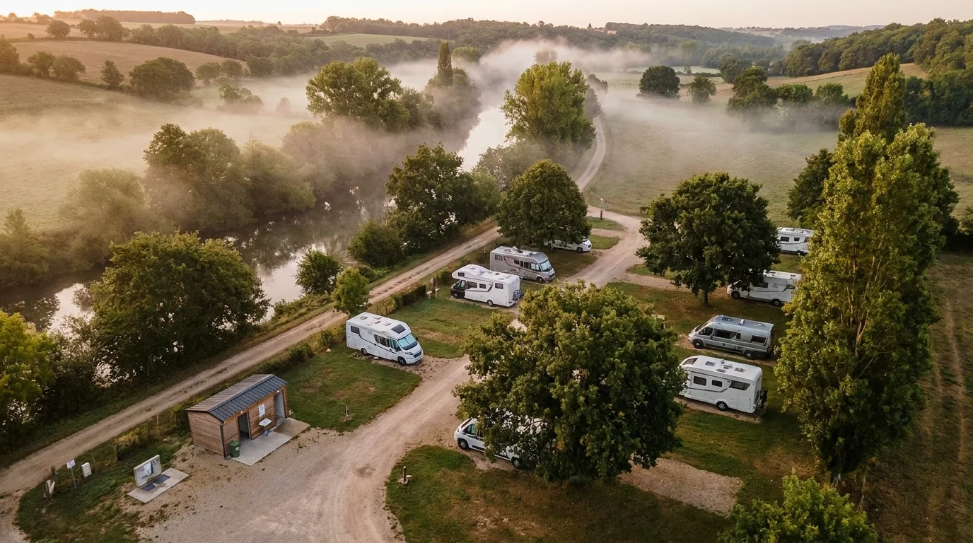 Vue aerienne d'une aire de camping-cars en bord de riviere