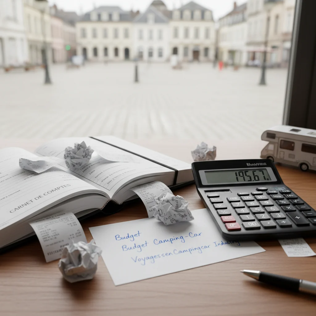 Carnet de comptes ouvert avec tickets de caisse et calculatrice, budget camping-car