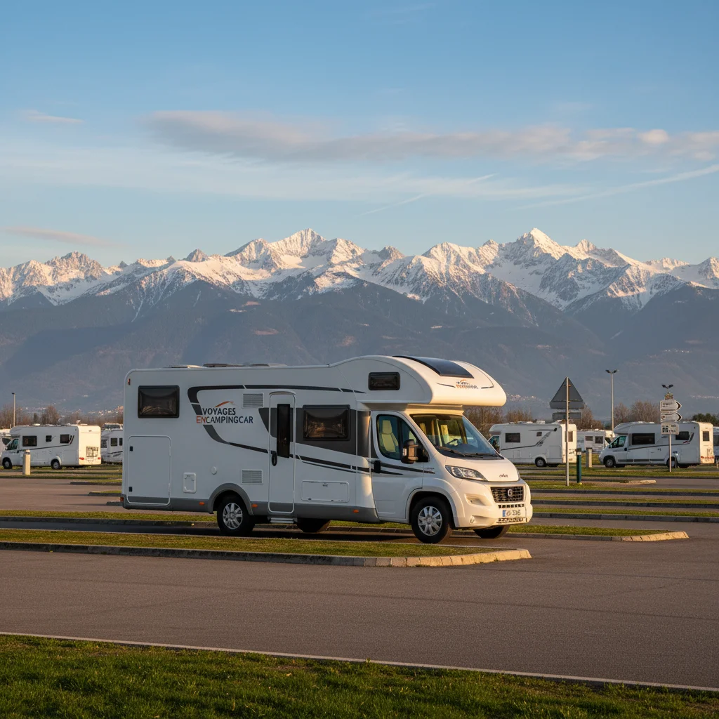 Camping-car sur une aire de stationnement avec vue sur les Pyrénées