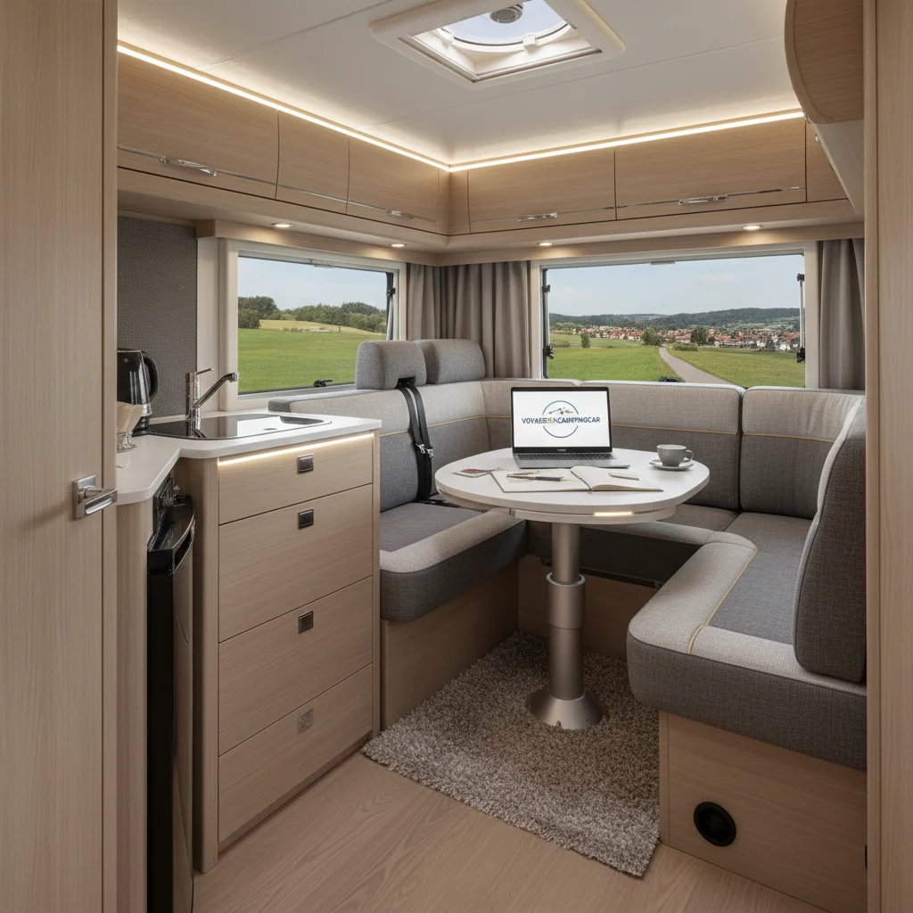 Intérieur d'un camping-car en situation réelle avec table de cuisine et couchette